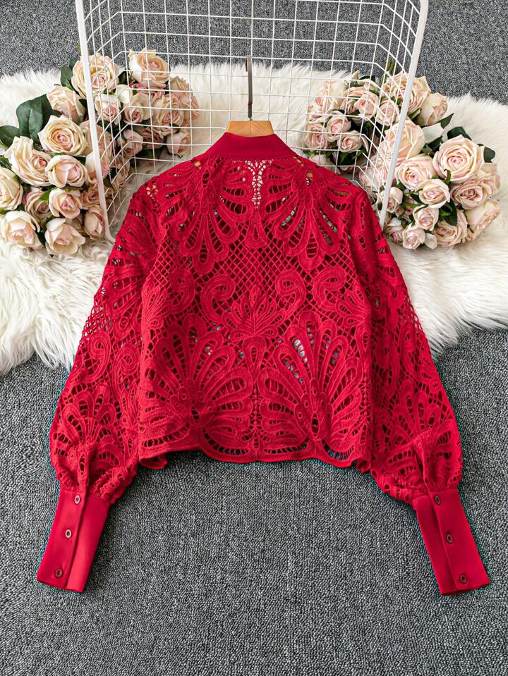 CM-TS420704 Women Elegant Seoul Style Lace Trim Bow Collar Embroidery Bishop Sleeve Blouse - Red