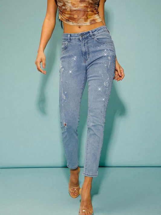CM-BS505040 Women Casual Seoul Style Front Button Pocket Distressed Denim Jeans - Blue