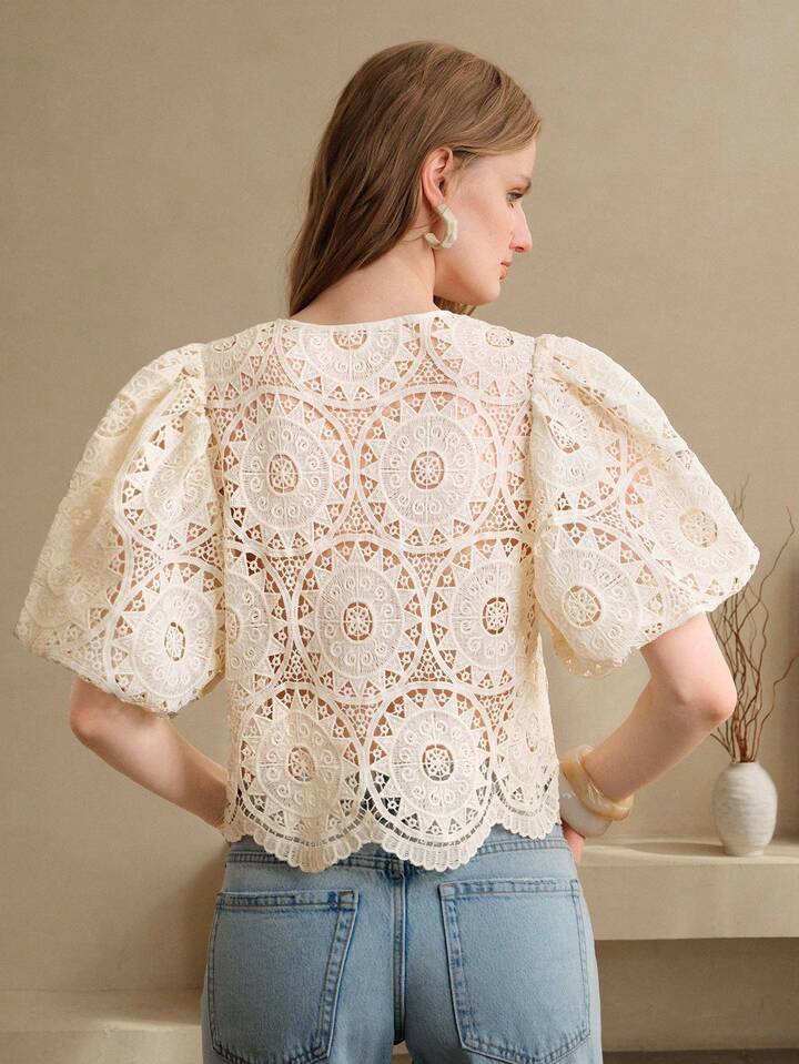 CM-TS318012 Women Elegant Seoul Style Lace Hollow Puff Sleeve Round Neck Placket Shirt - Apricot