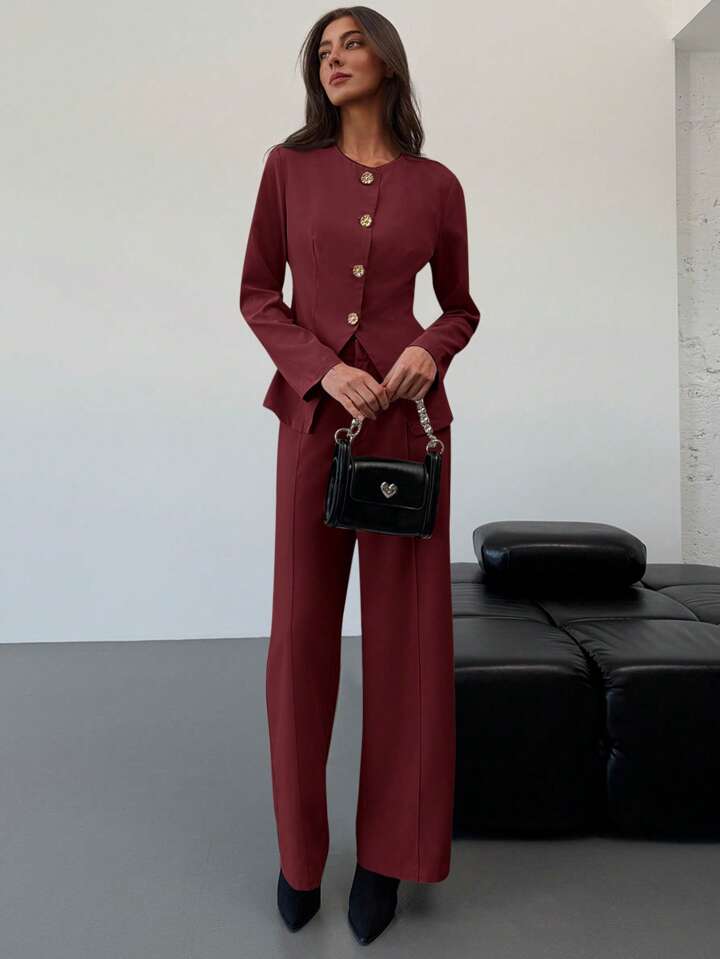 CM-SS012207 Women Elegant Seoul Style Slim Fit Round Neck Long Sleeve Top With Floor-Length Straight Leg Pants - Set