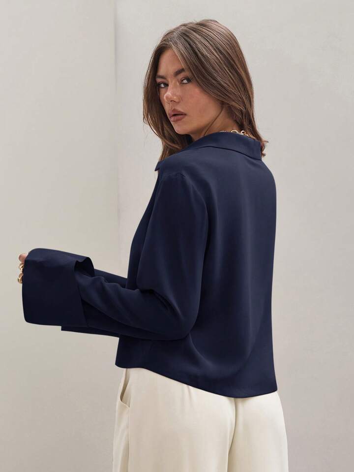 CM-TS870256 Women Trendy Bohemian Style Shirt Collar Front Tie Long Sleeve Shirt - Royal Blue