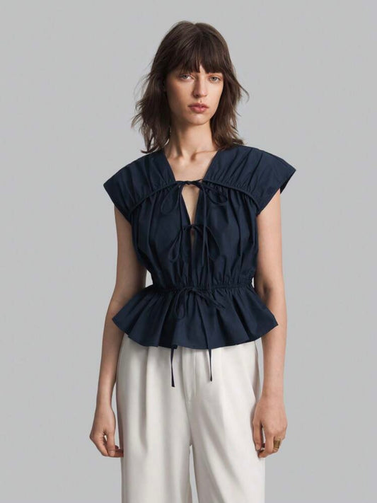 CM-TS801007 Women Casual Seoul Style Solid Color V-Neck Sleeveless Linen Shirt - Navy Blue