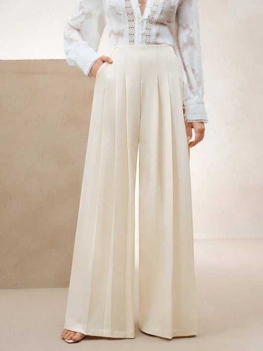 CM-BS395326 Women Elegant Seoul Style Solid Color Slimming Double Pleated Wide Leg Pants - Apricot