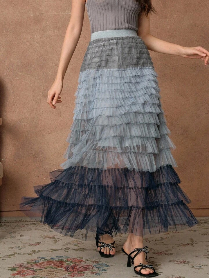 CM-BS336366 Women Elegant Seoul Style High Waist Gradient Mesh Contrast Cake Skirt Tulle Long Skirt - Blue