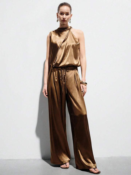 CM-SS263310 Women Elegant Seoul Style Sleeveless Drawstring Vest With Loose Straight Leg Pants - Set