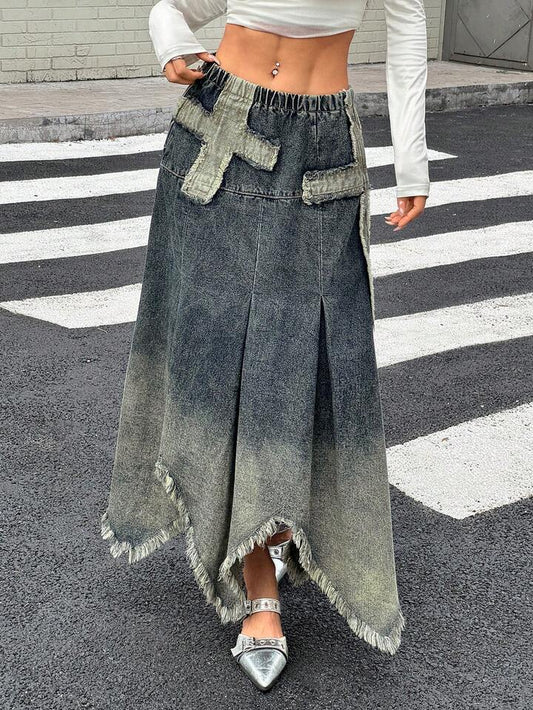 CM-BS806025 Women Casual Seoul Style Dark Wash Patchwork Cross Distressed Denim A-Line Skirt