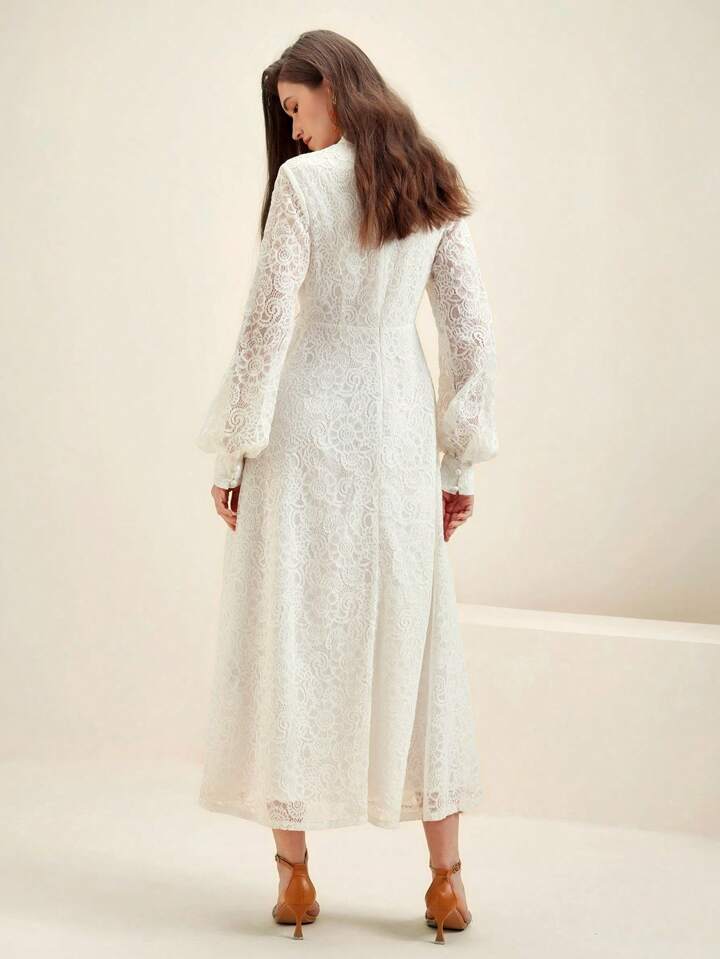 CM-DS287289 Women Elegant Seoul Style Lace Mandarin Collar Long Sleeve A-Line Dress - White