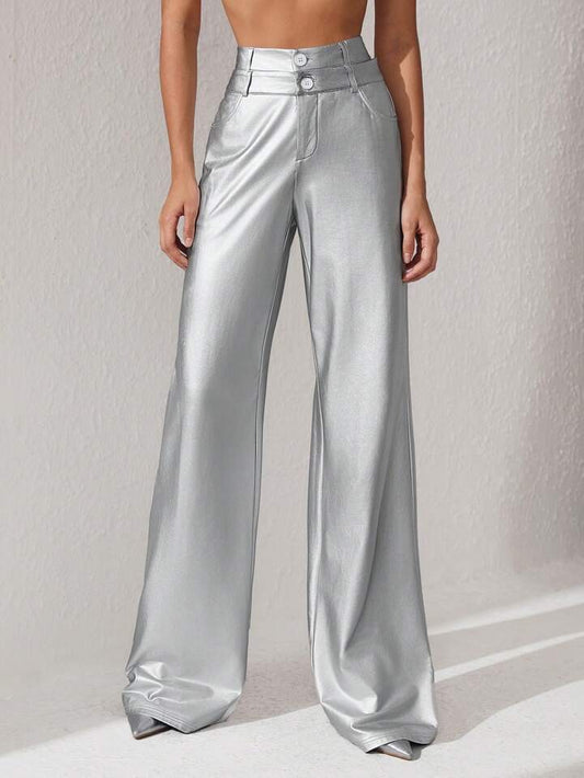 CM-BS714414 Women Elegant Seoul Style Metallic High Waist Wide Leg Pants - Silver