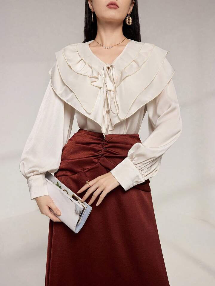CM-TS880823 Women Elegant Seoul Style Flounce Collar Ruffle Trim Tied Chiffon Blouse - Apricot