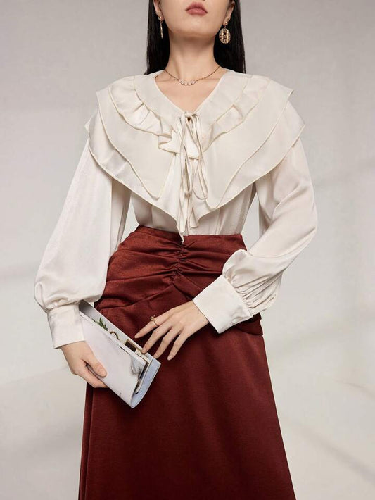 CM-TS880823 Women Elegant Seoul Style Flounce Collar Ruffle Trim Tied Chiffon Blouse - Apricot