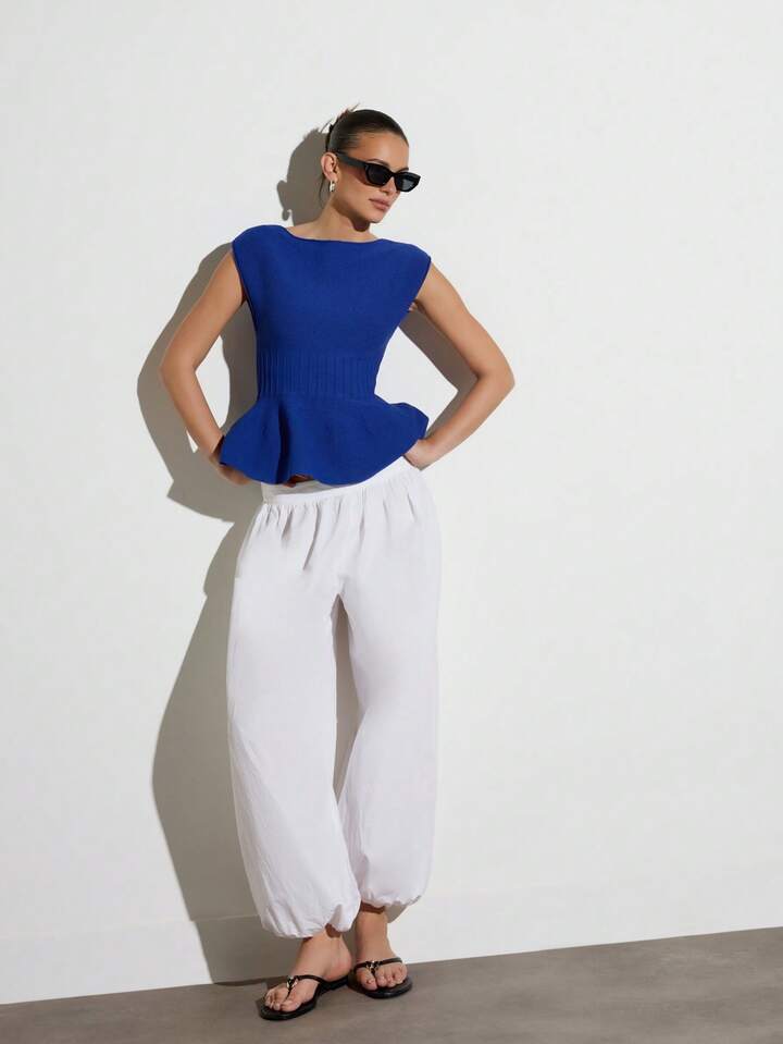CM-TS228150 Women Casual Seoul Style Boat Neckline Ribbed Knit Cap Sleeve Peplum Top - Blue