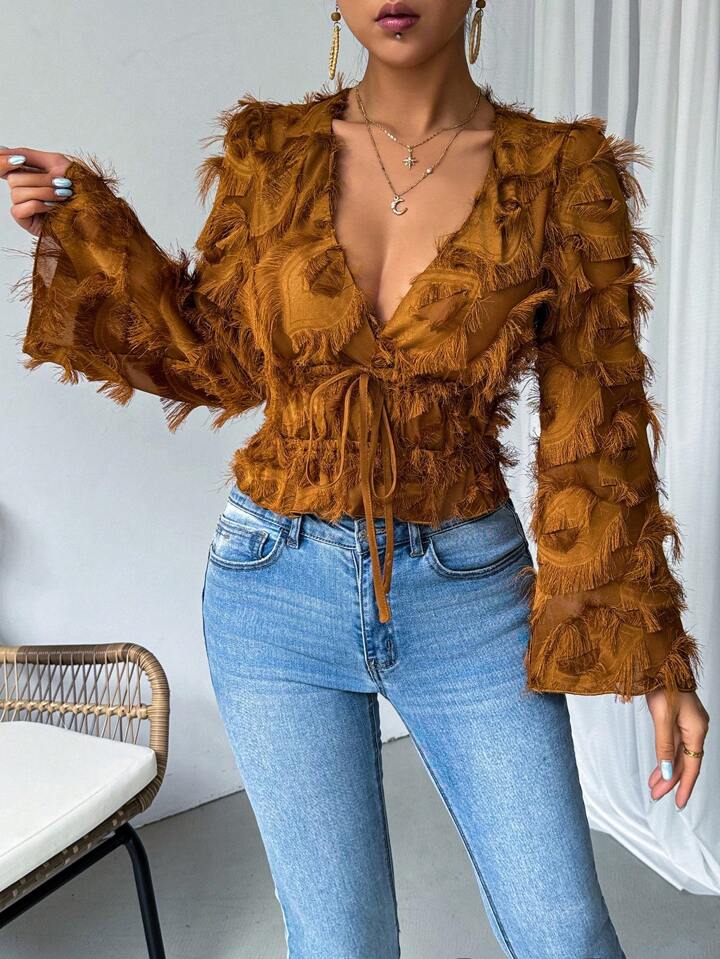 CM-TS253769 Women Casual Seoul Style Fringed Flare Sleeve Tie Front Shirt - Brown