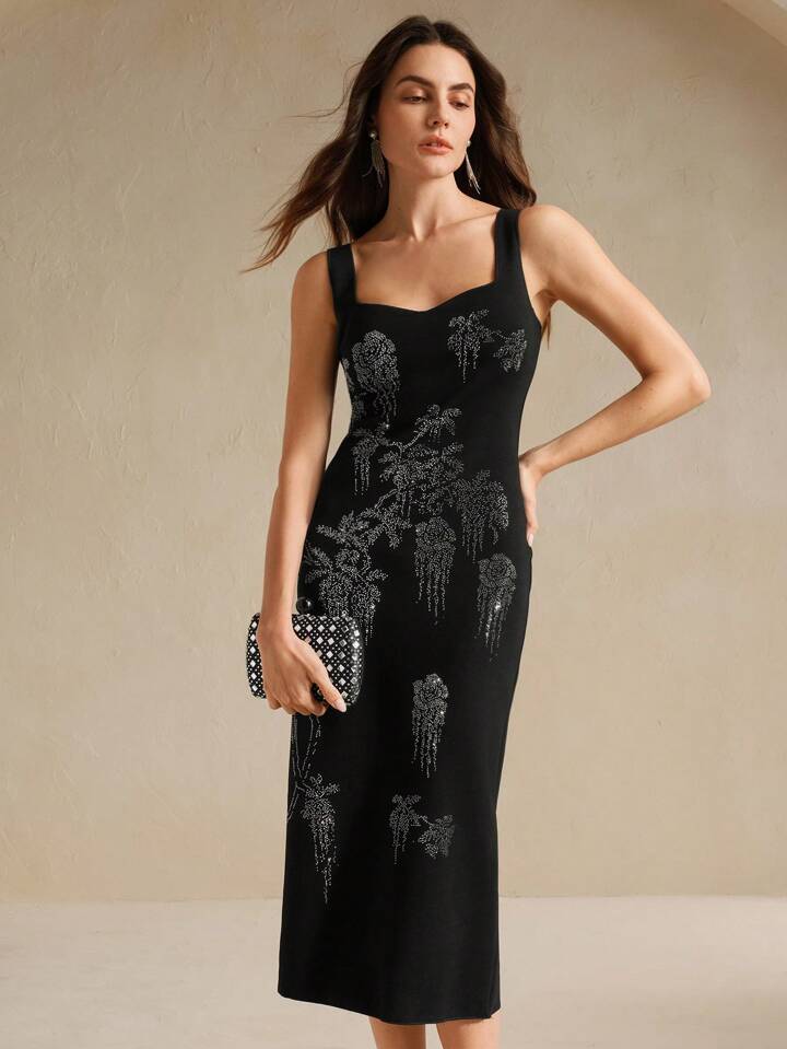 CM-DS417113 Women Elegant Seoul Style Rhinestone Decor Sleeveless Backless Wide Strap Dress - Black