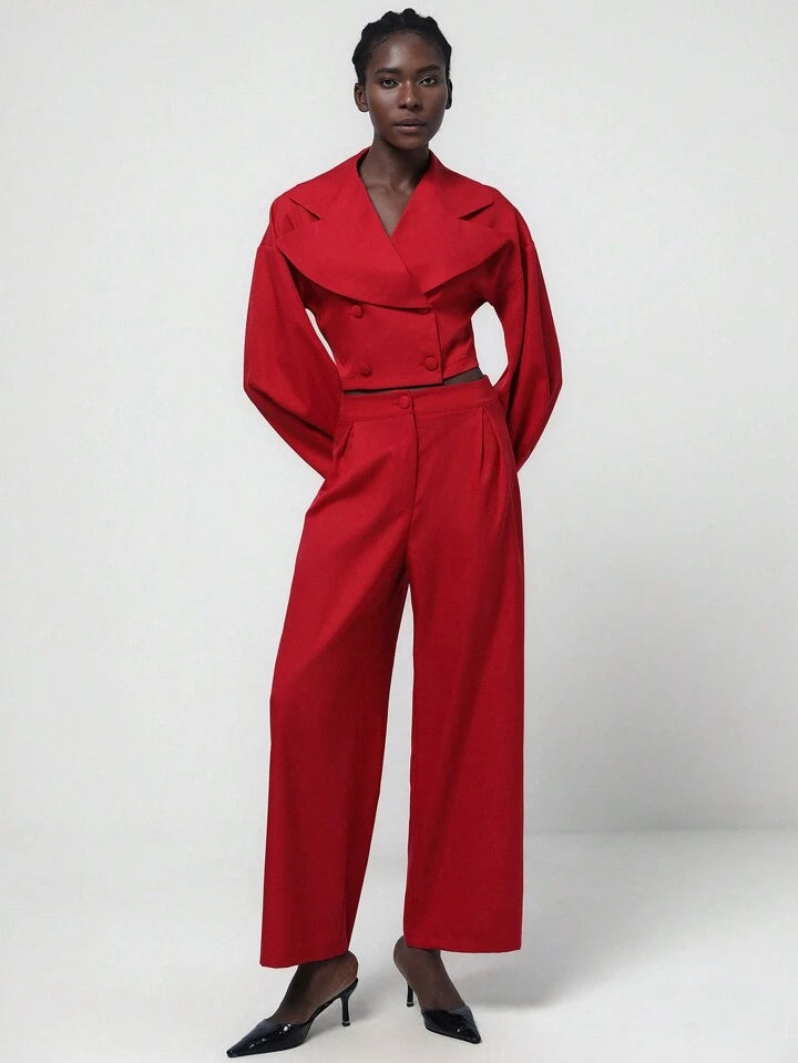 CM-SS109118 Women Elegant Seoul Style Lapel Neckline Lantern Sleeve Crop Blazer With Pants Suit - Red