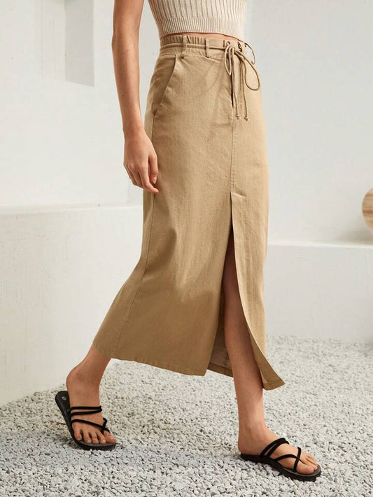 CM-BS276778 Women Trendy Bohemian Style Drawstring Waist Split Thigh Belted Skirt - Khaki