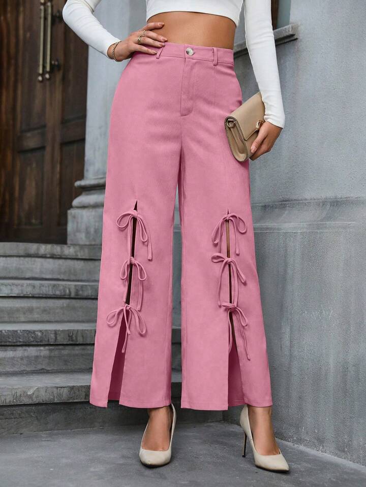 CM-BS642710 Women Casual Seoul Style Bowknot Decoration High Slit Wide Leg Pants - Pink