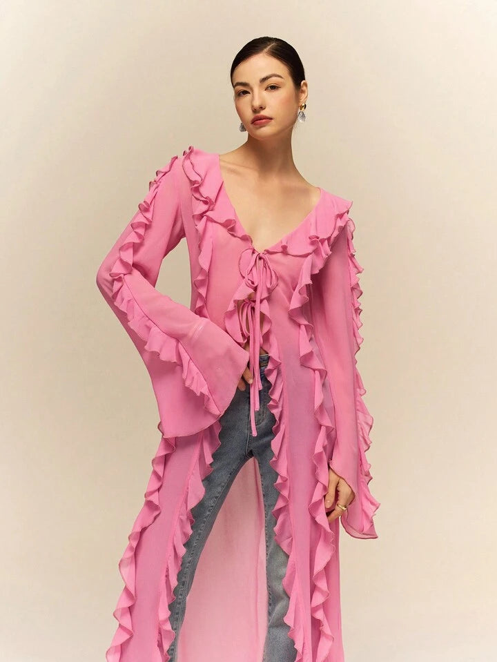 CM-TS168445 Women Casual Seoul Style Ruffle Tie Neck Extra Long Sleeve Sheer Long Shirt - Pink