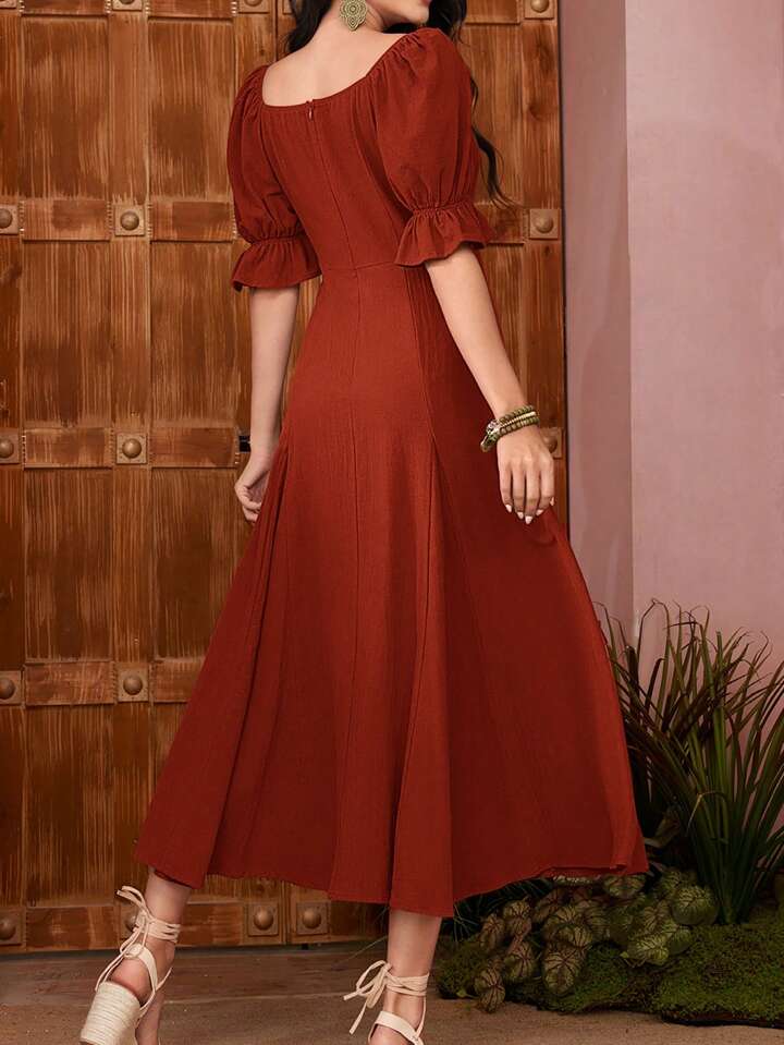 CM-DS822167 Women Casual Seoul Style Solid Color Pleated Square Neck Dress - Redwood