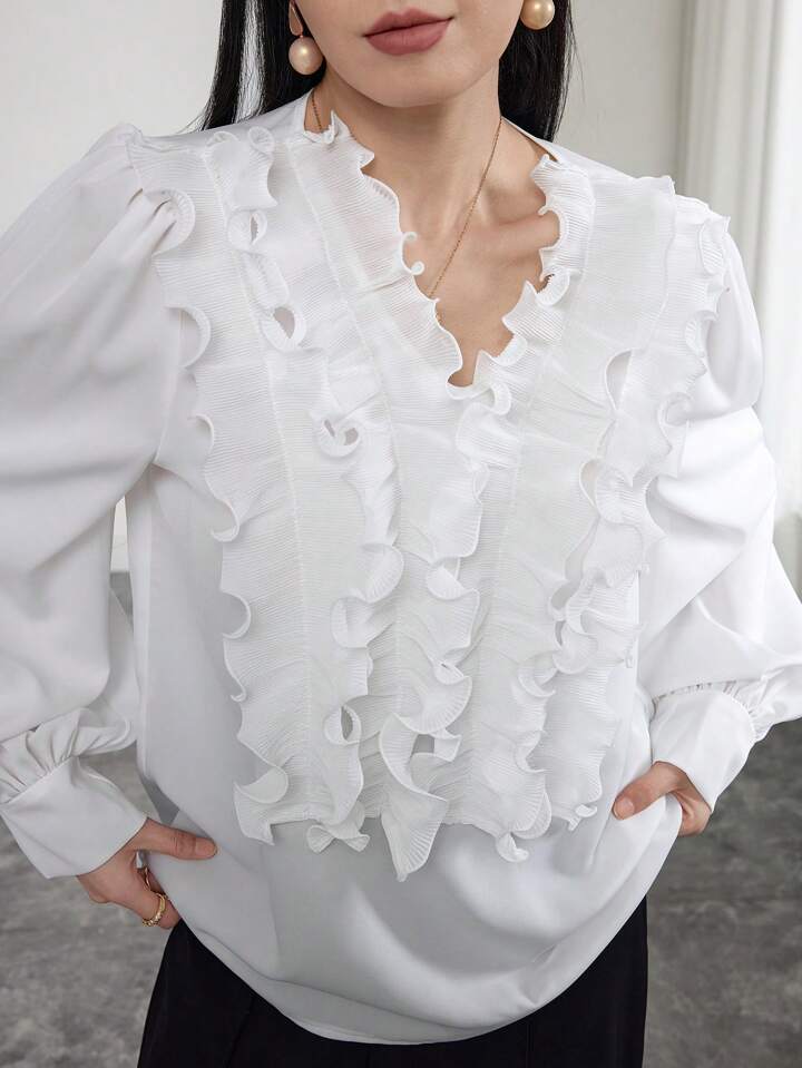 CM-TS600109 Women Elegant Seoul Style V-Neck Loose Fit Long Sleeve Frill Trim Blouse - White