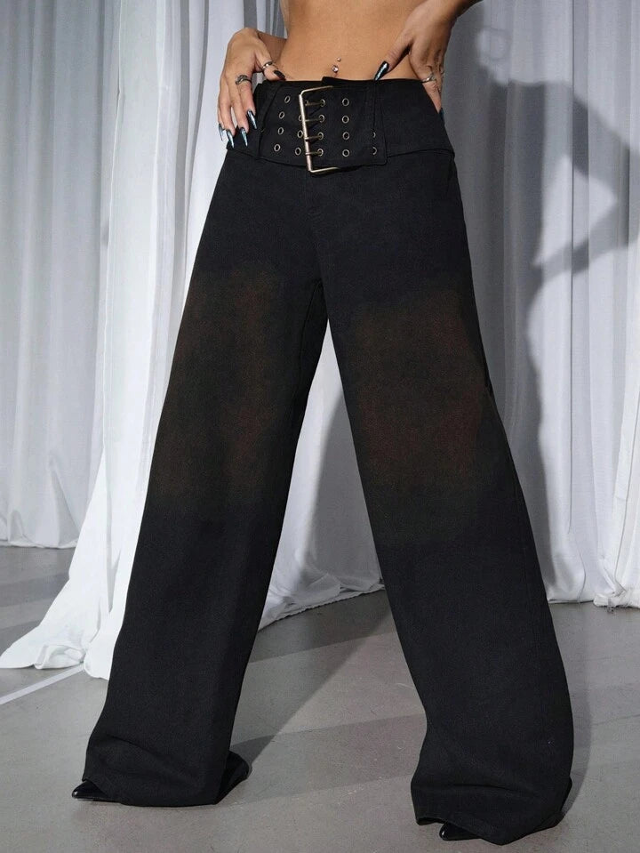 CM-BS161572 Women Casual Seoul Style Ultra Low Waist Big Belt Design Pants - Black