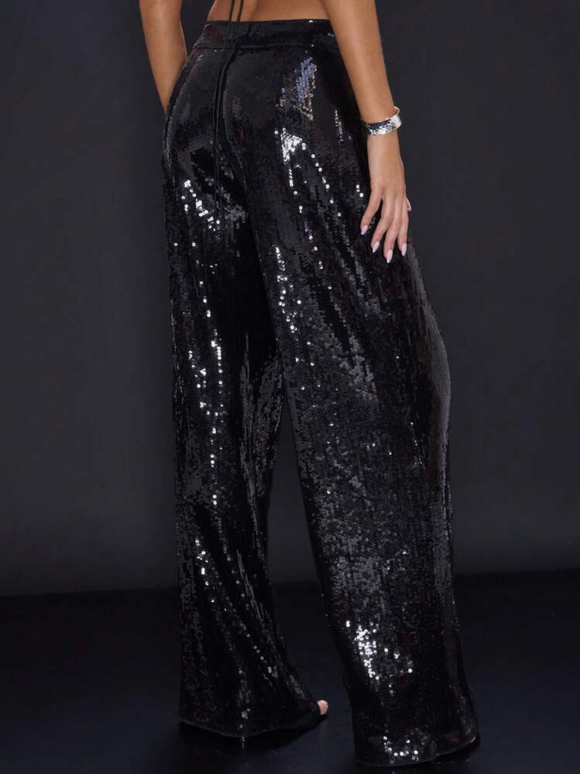 CM-BS173464 Women Elegant Seoul Style Drop Waist Sequin Wide Leg Trousers - Black