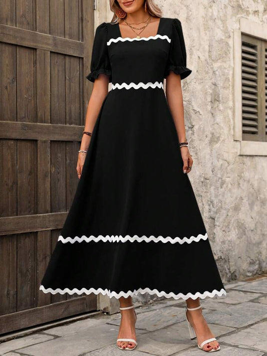 CM-DS757416 Women Trendy Bohemian Style Short Sleeve Wavy Hemline Dress - Black