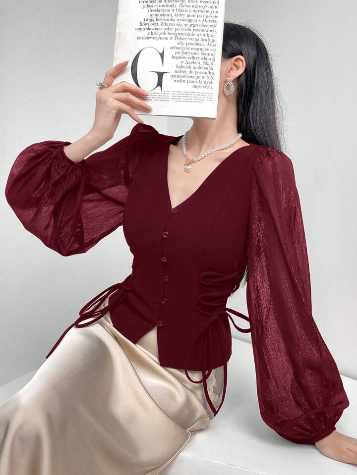 CM-TS872949 Women Elegant Seoul Style Sheer V-Neck Puff Lantern Sleeves Lace-Up Detail Blouse - Burgundy