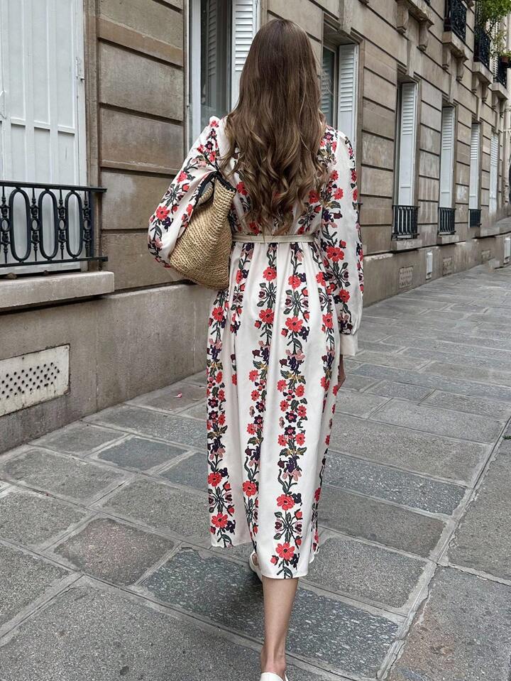 CM-DS321318 Women Casual Seoul Style Stand Collar Long Sleeve Floral And Striped Maxi Dress