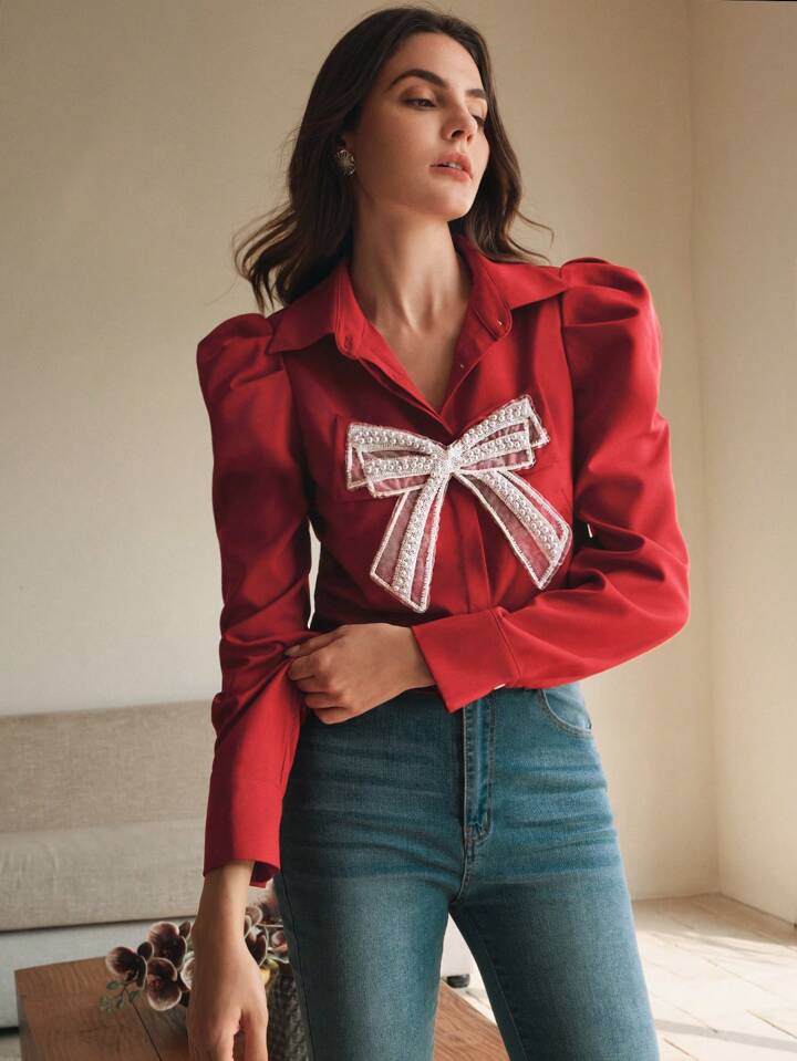 CM-TS919720 Women Elegant Seoul Style Collar Neckline Butterfly Pearl Floral Long Sleeve Blouse - Red