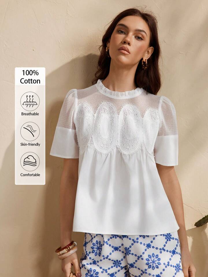 CM-TS479488 Women Casual Seoul Style Round Neck Puff Sleeve Lace Patchwork Loose Shirt - White