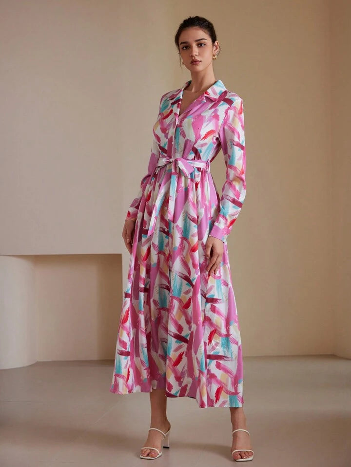 CM-DS442002 Women Casual Seoul Style Printed Turn-Down Collar Cinched Waist Waist Long Sleeve Dress