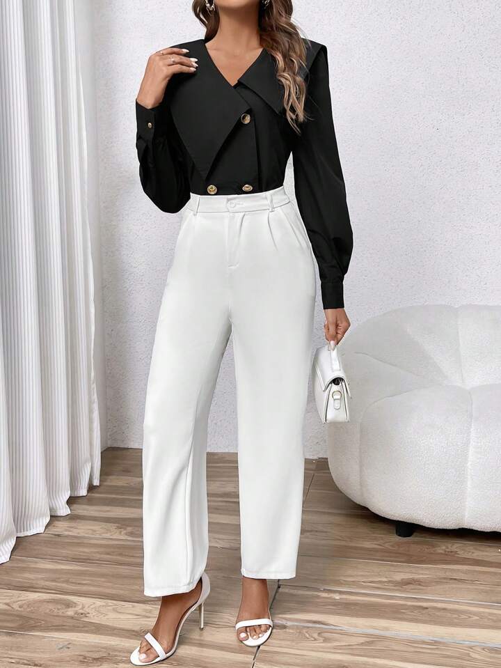 CM-TS580885 Women Elegant Seoul Style Irregular V-Neck Collar Long Sleeve Shirt - Black