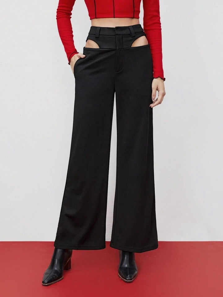 CM-BS398449 Women Elegant Seoul Style High Waist Hollow Out Pants - Black
