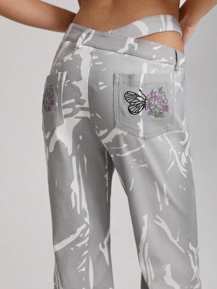 CM-BS439183 Women Casual Seoul Style Graphic Print Cut Out Waist Flare Leg Pants - Gray