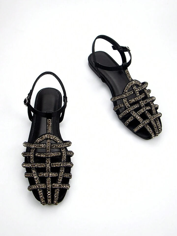 CM-SHS618759 Women Trendy Seoul Style Rhinestone Strap Adorned Flat Sandals - Black