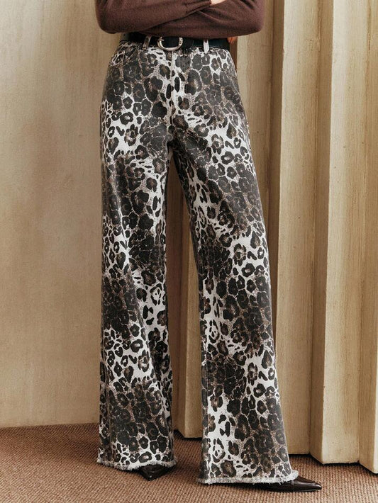 CM-BS966323 Women Casual Seoul Style High Waist Pockets Leopard Print Wide Leg Loose Jeans
