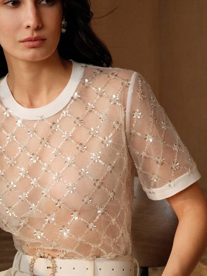 CM-TS032628 Women Elegant Seoul Style Floral Sequin Beaded Sheer Mesh Round Neck Short Sleeve Blouse
