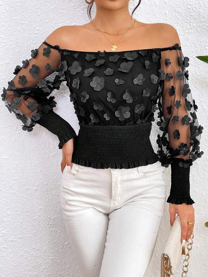 CM-TS454219 Women Casual Seoul Style 3D Floral Off-Shoulder Shirred Blouse - Black