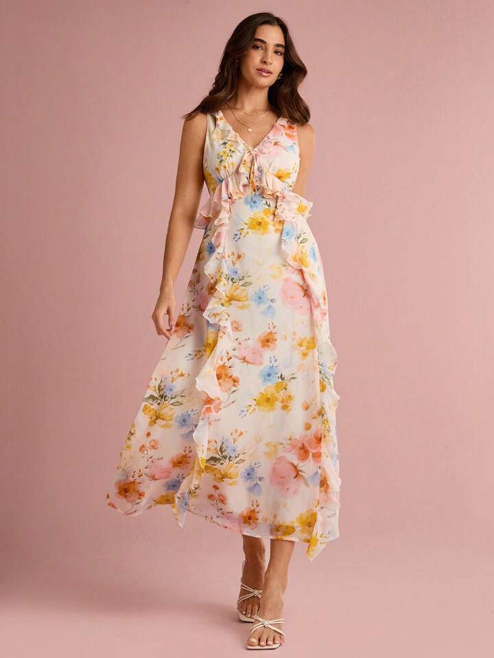 CM-DS419967 Women Trendy Bohemian Style Floral Print V-Neck Ruffle Trim Sleeveless Maxi Dress