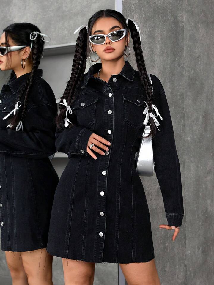 CM-DS623314 Women Casual Seoul Style Front Button Long Sleeve Pocket Short Denim Dress - Black