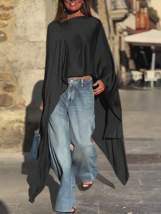 CM-TS892152 Women Casual Seoul Style Round Neck Batwing Sleeve Asymmetrical Long Shirt - Black