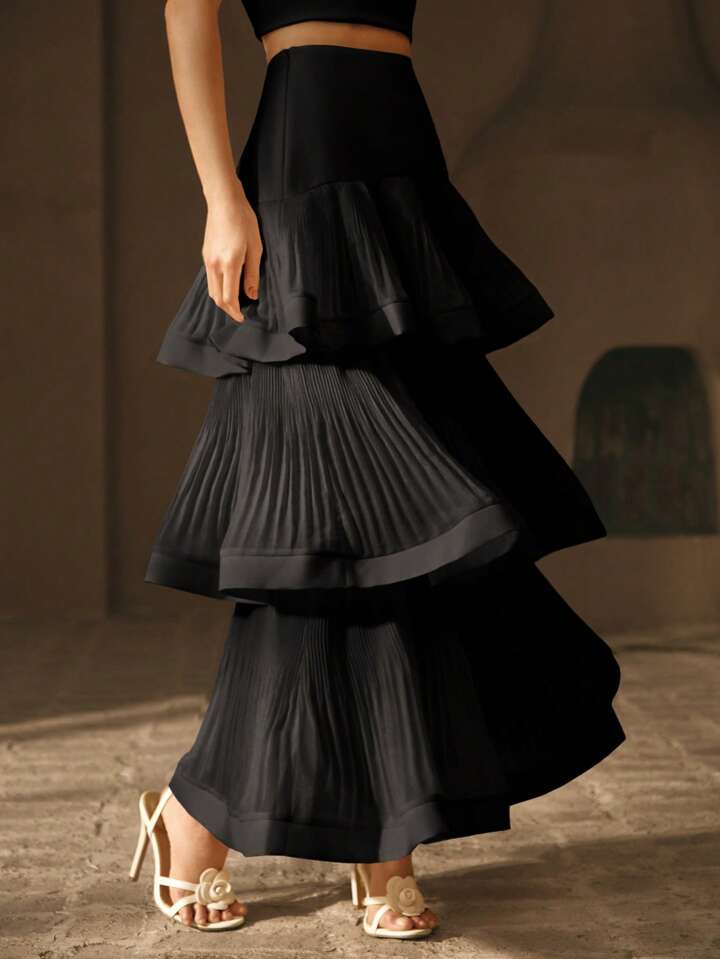 CM-BS296354 Women Elegant Seoul Style Solid Color Mid Waist Ruffle Tiered Layer Long Skirt - Black