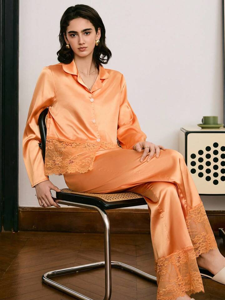 CM-LS629502 Women Trendy Seoul Style Lace Patchwork Satin Lapel Neckline Long Sleeve Pajama Set