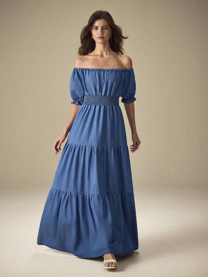 CM-DS553658 Women Trendy Bohemian Style Off-Shoulder Short Puff Sleeve Waist Gathered Long Denim Dress - Blue