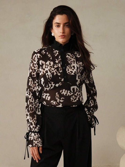 CM-TS942907 Women Elegant Seoul Style Sheer Dip Dye Printed Chiffon Blouse - Black