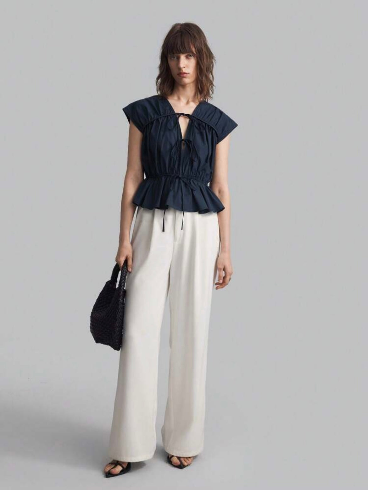 CM-TS801007 Women Casual Seoul Style Solid Color V-Neck Sleeveless Linen Shirt - Navy Blue
