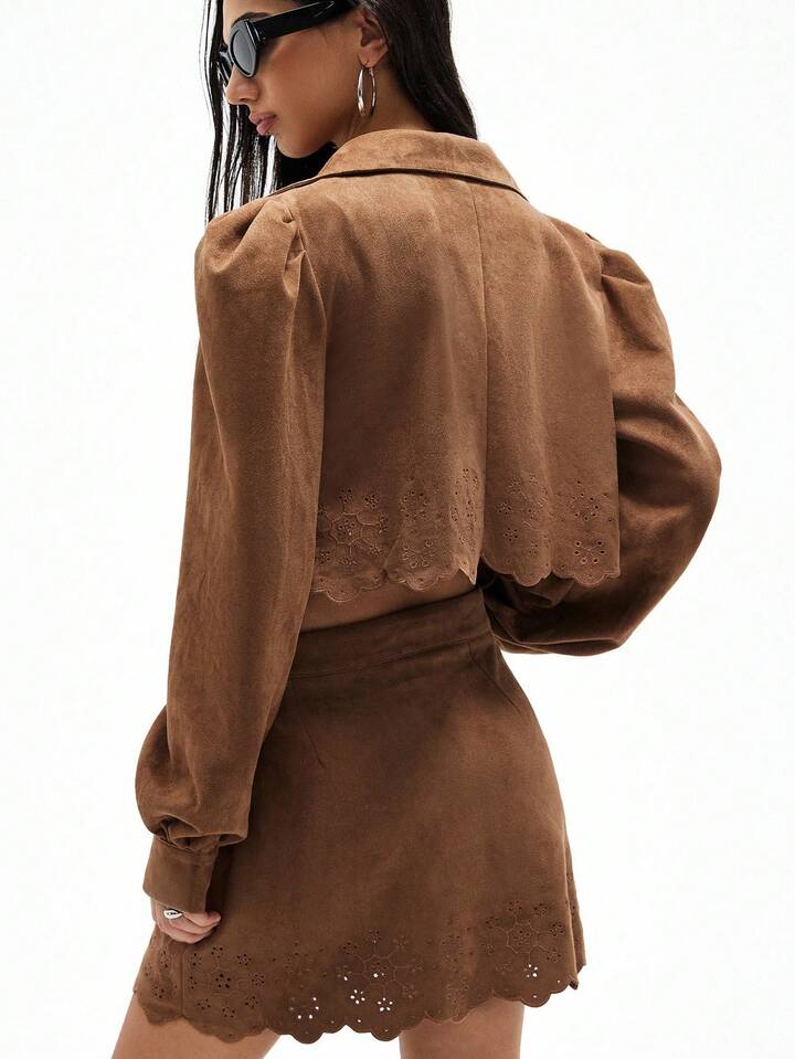 CM-SS666861 Women Elegant Seoul Style Floral Embroidery Faux Suede Puff Sleeve Cargo Jacket With Skirt - Set