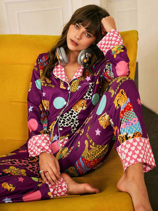 CM-LS554742 Women Trendy Seoul Style Printed Long Sleeve Button Up Top With Pants Pajama Set - Purple