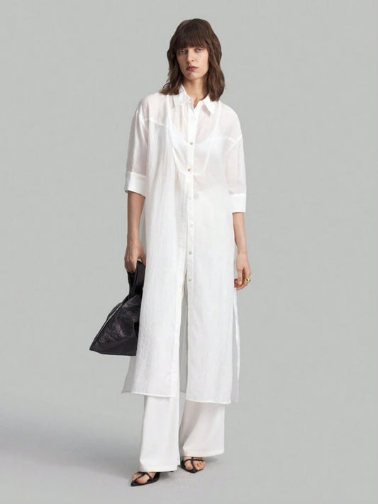 CM-TS582370 Women Casual Seoul Style Drop-Shoulder Long-Sleeve Half-Transparent Split Long Shirt
