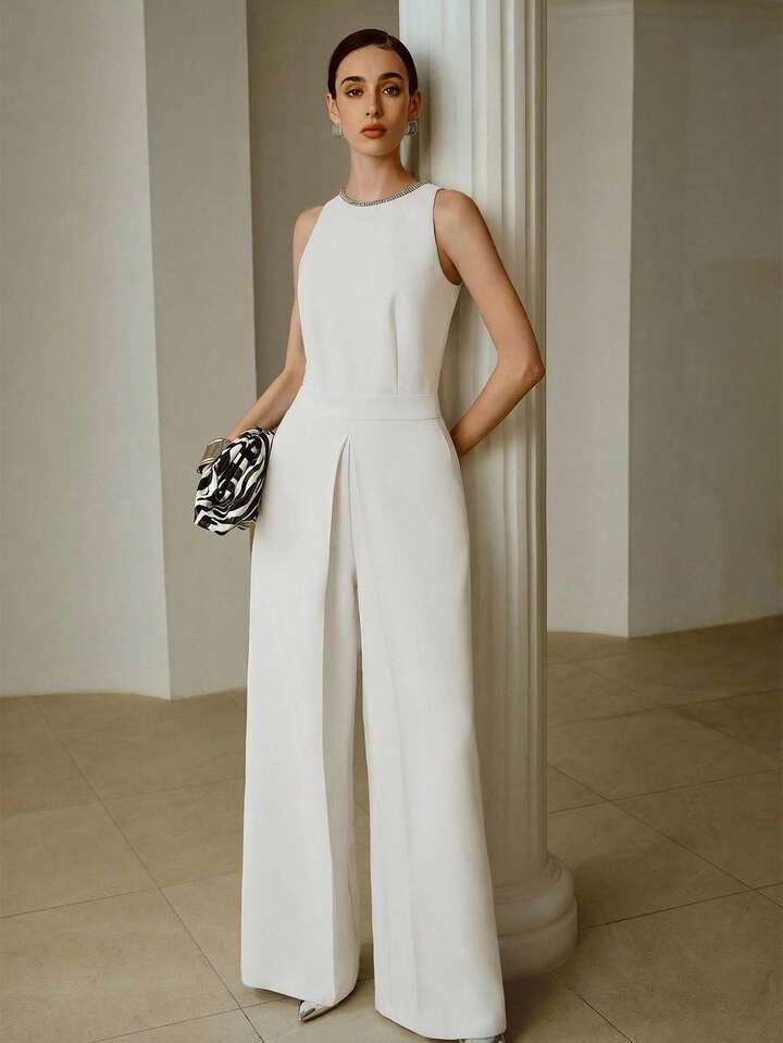 CM-JS101498 Women Elegant Seoul Style Rounnd Neck Rhinestone Decor Sleeveless Jumpsuit - White